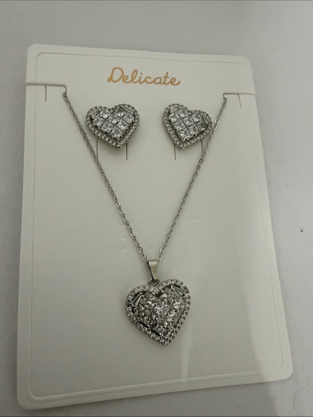 delicates Silver Crystal Heart Necklace and Stud Earrings Set